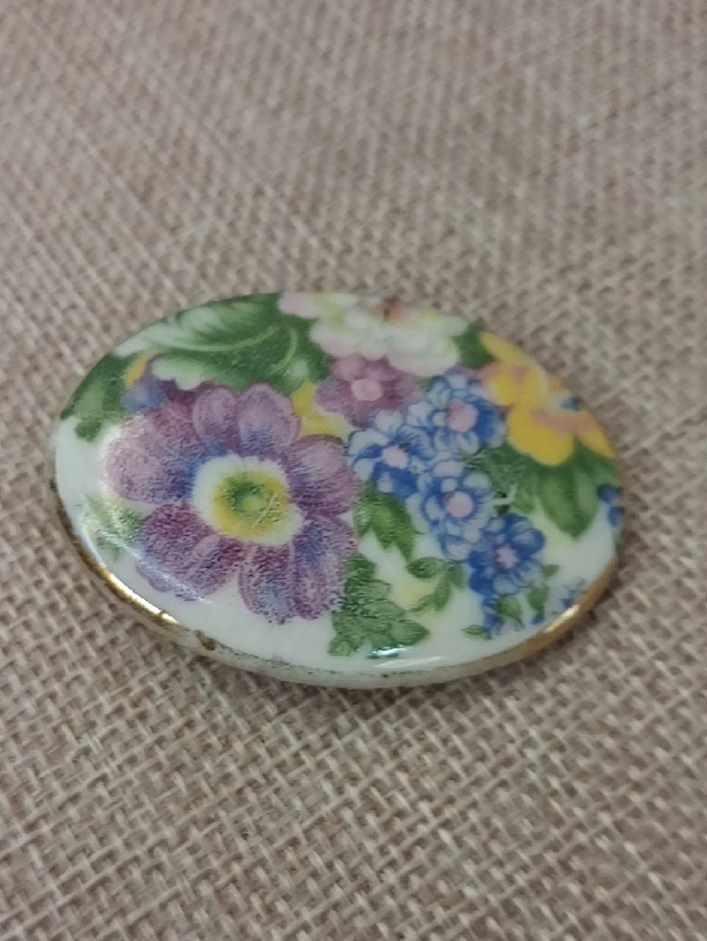 Floral Porcelain Brooch Gold Tone Oval Vintage Style Multicolor Pin OS